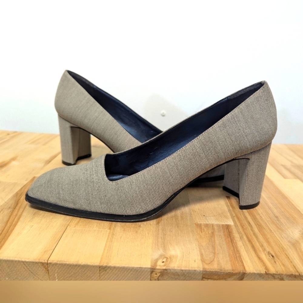 Vintage Studio Delman Luxury Shoes Square Toe Block Heel Textured Greige 9.5